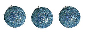 Trio Bola de Natal Azul com brilho em paete 10cm