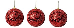 Trio de Bola de Natal Vermelha c/ brilho em paete 10cm
