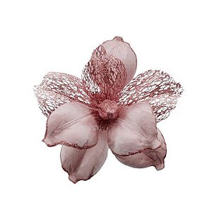 Flor Decorativa Magnolia Rosa com Veludo e Brilho