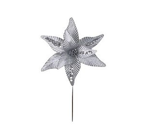 Flor Poinsetia Decorativa Prata com Brilho 29cm