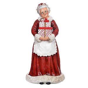 ESCULTURA MAMÃE NOEL VERMELHO COM PRESENTE 26,5cm