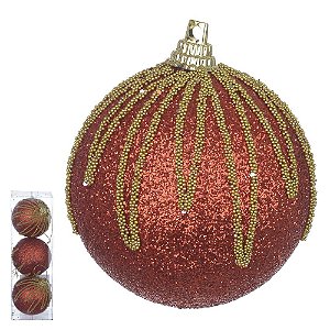 BOLA DECORADA NATAL C/ GLITTER 3 UND (VERMELHO DOURADO) 6cm