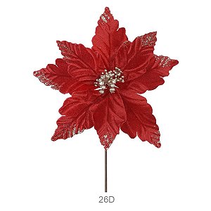 FLOR POINSENTIA BICO PAPAGAIO VERMELHO GLITER CHAMPAGNE 26cm