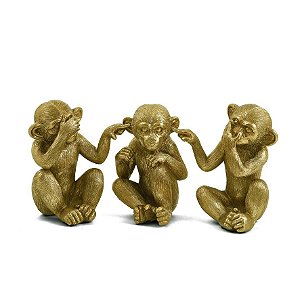 ESCULTURA TRIO DE MACACOS DA SABEDORIA MART DOURADO