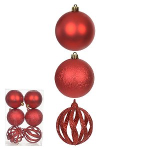 KIT 6 BOLA DECORADA NATAL VERMELHO 8cm MISTA