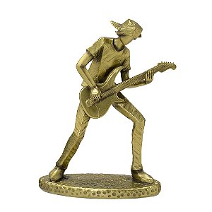 ESCULTURA MUSICO EM RESINA DOURADO TOCANDO GUITARRA