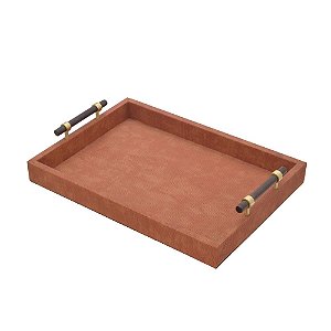 BANDEJA DECORATIVA EM CORINO/ MDF/ METAL COM ALÇAS 44cm