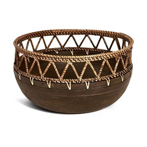 CENTRO DE MESA EM MADEIRA E RATTAN COR MARROM MART 31cm