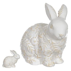 ESCULTURA COELHO CERÂMICA EM RELEVO BRANCO E BEGE 15cm