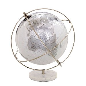 GLOBO DECOR COM PEDESTAL EM MARMORE BRANCO E PRATA 26,5cm