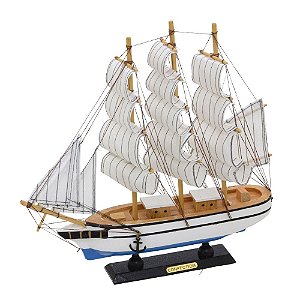 ESCULTURA BARCO MADEIRA E TECIDO AZUL BEGE E BRANCO 31cm