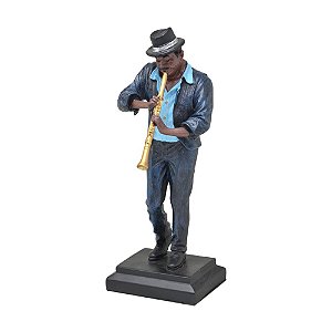 ESCULTURA MUSICO FLAUTISTA DECORATIVO EM RESINA AZUL E PRETO