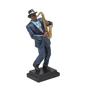 ESCULTURA MUSICO SAXOFONISTA DECOR EM RESINA AZUL E PRETO