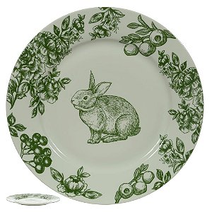 PRATO RASO EM CERAMICA COELHO PASCOA VERDE E BRANCO 27D