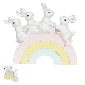 ESCULTURA EM RESINA COELHOS NO ARCO IRIS