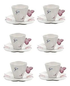 CJ 6 XICARAS CAFE PORCELANA C/PIRES BORBOLETAS BRANCO 100ml