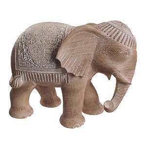 ESCULTURA ELEFANTE INDIANO DE RESINA MARROM C/BRANCO 20,5CM