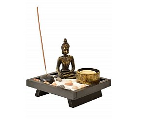 ESCULTURA JARDIM JAPONES ZEN GARDEN BUDA E PORTA VELAS 12cm