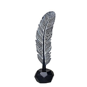 ESCULTURA FOLHA DECORATIVA EM RESINA PRATA E PRETO - 27,5cm