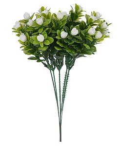 FOLHAGEM COM MINI FLOR PLT. X6 GALHOS BRANCO 25cm