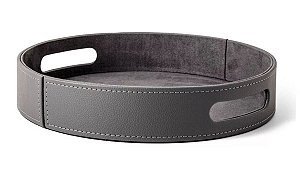 BANDEJA EM MDF REDONDA C/ REVESTIMENTO EM PU CINZA MART 36cm