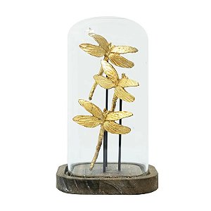 ESCULTURA DECORATIVA LIBELULA RESINA DOURADA NA CUPULA 22CM