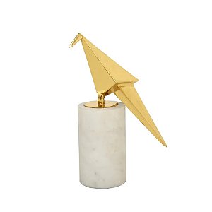 ESCULTURA PASSARO DECOR EM METAL DOURADO E BASE DE MARMORE