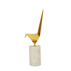 ESCULTURA PASSARO DECORATIVO EM METAL E BASE MARMORE 34CM