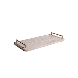 BANDEJA EM MARMORE BEGE COM ALCA EM METAL DOURADA 40CM