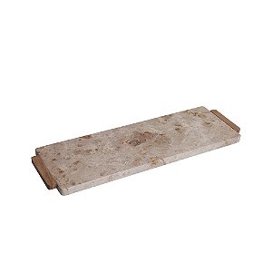 BANDEJA EM MARMORE DECOR CINZA E BEGE COM ALCA MADEIRA 49CM