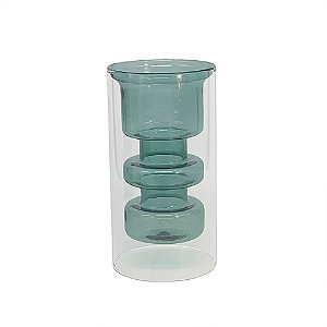 VASO DE VIDRO DUPLO TRANSPARENTE E AZUL 15cm