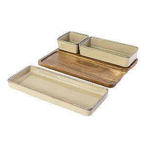 PORTA APERITIVOS DE CERAMICA BEGE E BASE DE MADEIRA - 3 PCS