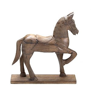 ESCULTURA CAVALO DECORATIVO EM MADEIRA NA COR MARROM 36,5cm