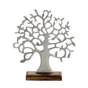 ESCULTURA ARVORE DECOR EM ALUMINIO PRATA E MADEIRA 29,5cm