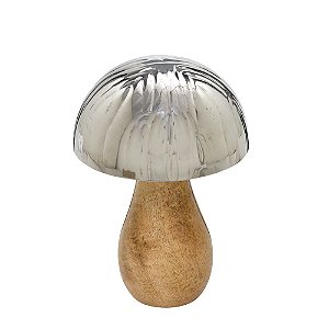 ESCULTURA COGUMELO DECORATIVO EM MADEIRA E METAL PRATA 22CM