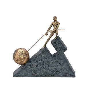 ESCULTURA DECOR HOMEM COM ESFERA RESINA CHUMBO/DOURADO 21CM