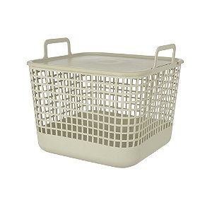 CESTO ORGANIZADOR EMPILHAVEL PLASTICO C/TAMPA BEGE 34,5CM