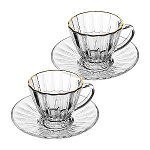 CJ 2 XICARAS CHA DE CRISTAL ECO FIO OURO E PIRES 180ML -LYOR
