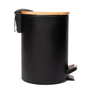 LIXEIRA REDONDA METAL C/PEDAL E TAMPA BAMBU PRETA 3L - LYOR