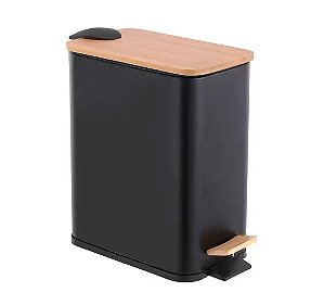 LIXEIRA RETANGULAR DE METAL C/PEDAL TAMPA EM BAMBU PRETA 5L