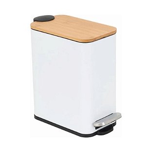 LIXEIRA RETANGULAR DE METAL C/PEDAL TAMPA EM BAMBU BRANCA 5L
