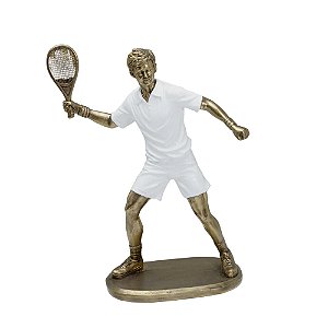 ESCULTURA TENISTA HOMEM EM RESINA BRANCO E DOURADO - 24cm