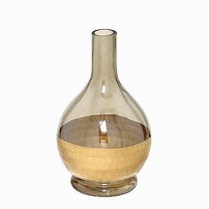 VASO GARRAFA DECORATIVO EM VIDRO AMBAR E DOURADO - 22cm
