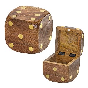 CAIXA DECORATIVA DADO EM MADEIRA DOURADO E MARROM - 10CM