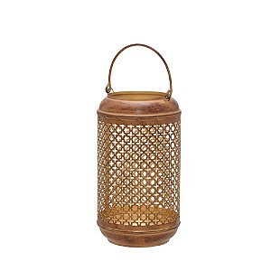 LANTERNA DECORATIVA EM METAL E COURINO DOURADO E MARROM 27cm