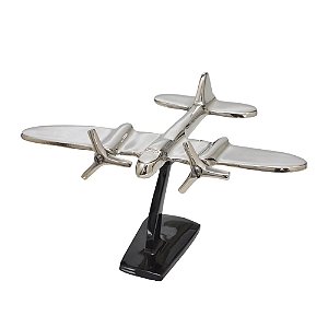ESCULTURA AVIAO DECORATIVO EM ALUMINIO PRATA E PRETO