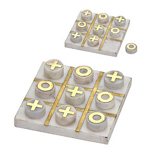 JOGO DE TABULEIRO DECORATIVO EM MARMORE BRANCO E DOURADO
