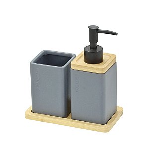 JOGO DE BANHEIRO 3 PECAS EM BAMBU E CERAMICA CINZA