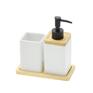 JOGO DE BANHEIRO 3 PECAS EM BAMBU E CERAMICA BRANCO