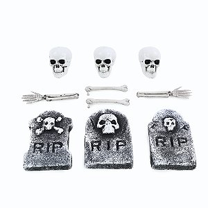 LAPIDE DECORATIVA COM ESQUELETOS 12CM KIT C/10 UN HALLOWEEN